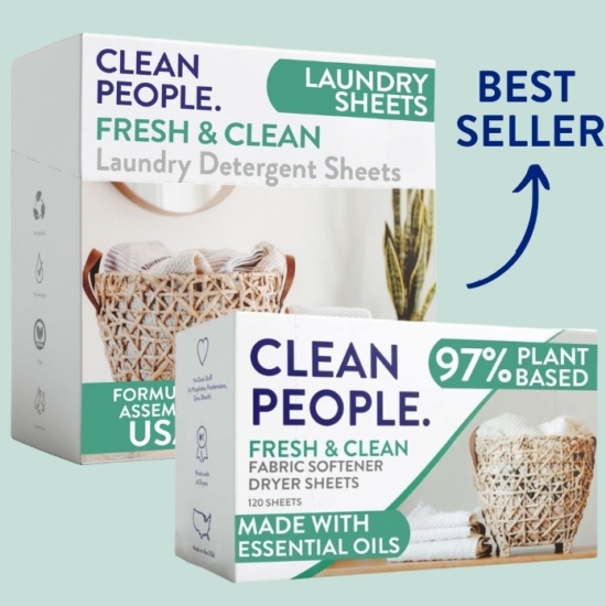 Our best-selling laundry detergent duo! 96-count sheets bundled with 120-count dryer sheets. NO 1,4 dioxane, phosphates, parabens, artificial dyes or animal fats. This duo leaves your clothes feeling soft with reduced static cling. 
Works with all washing machines: Top Loaders, Front Loaders, and HE (High Efficiency).  Works with Septic Tanks too!