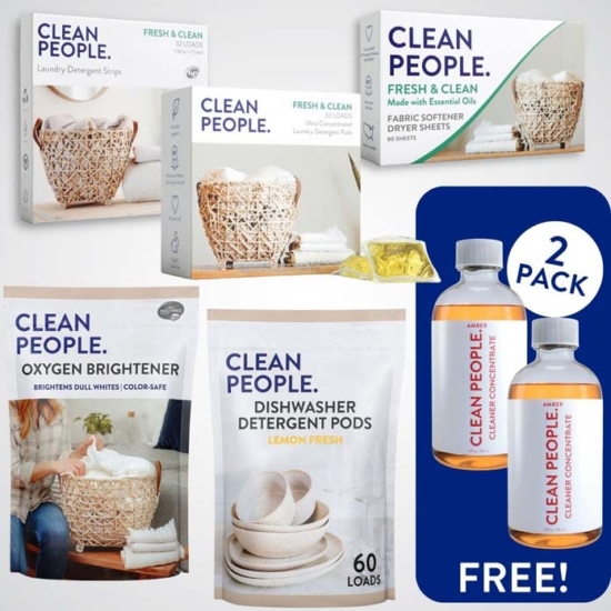 Get the 5 favorite Clean People Products + a free Lavender Cleaner Concentrate!
32 Pack Laundry Detergent Sheets
32 Pack Laundry Detergent Pods
80 Count Dryer Sheets
60 Load Dishwasher Detergent
41 oz Oxygen Brightener
BONUS FREE Lavender Cleaner Concentrate