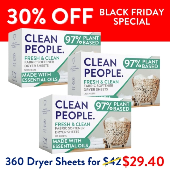 Black Friday Sale: We are offering a YEAR’S worth (360 Loads) of our Fabric Softener Dryer Sheets for 30% OFF.

***Because this Bundle is already discounted 30%, coupon codes do not apply to it!