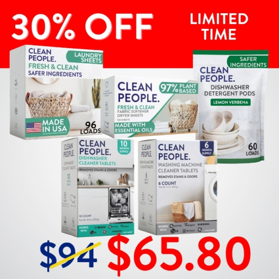 Stock up on our most popular laundry and kitchen products for 30% OFF!
1) 96 Pack Laundry Detergent Sheets OR Detergent Pods (You Choose!)
2) 120 Count Dryer Sheets
3) 6 Count Washing Machine Cleaner Tablets
4) 60 Count Dishwasher Pods
5) 10 Count Dishwasher Cleaner Tablets

Original Price: $94
SALE Price: $65.80
Savings: $28.20

***Because this Bundle is already discounted 30%, coupon codes do not apply to it!