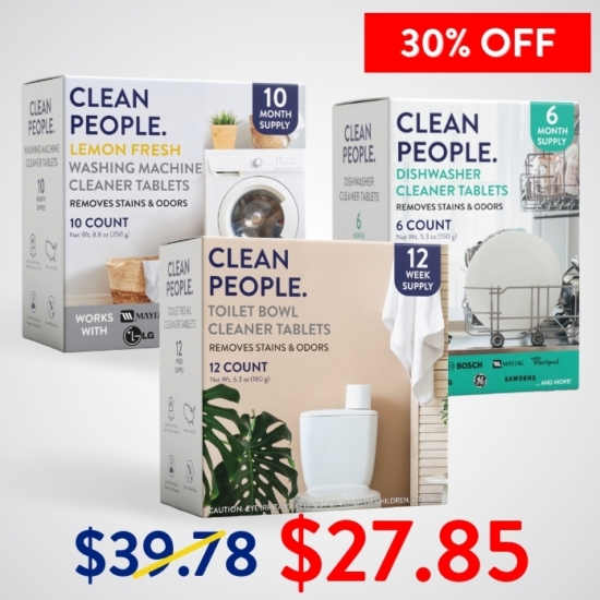 Want to try them all before stocking up? This bundle gives you a 10-count of Washing Machine Cleaner Tablets, a 12-pack of Toilet Cleaner Tablets, and a 6-pack of Dishwasher Cleaner Tablets — all in one convenient set!
Buying the Cleaning Tablet Sampler Pack for $27.85 saves you $11.93!


***Because this Bundle is already discounted 30%, coupon codes do not apply to it!