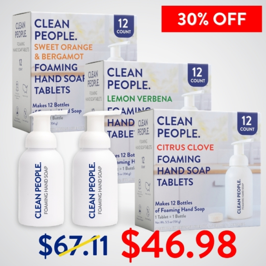 Want to try all our Foaming Hand Soap scents before picking a favorite? We got you! The sampler pack gives you 12 tablets EACH of Orange Clove, Lemon Verbena, and Sweet Orange & Bergamot – total of 36 tablets.
Buying the Foaming Hand Soap Sampler Pack for $46.98 saves you $20.13!


***Because this Bundle is already discounted 30%, coupon codes do not apply to it!