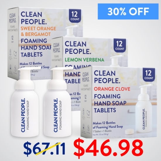 Want to try all our Foaming Hand Soap scents before picking a favorite? We got you! The sampler pack gives you 12 tablets EACH of Orange Clove, Lemon Verbena, and Sweet Orange & Bergamot – total of 36 tablets.
Buying the Foaming Hand Soap Sampler Pack for $46.98 saves you $20.13!


***Because this Bundle is already discounted 30%, coupon codes do not apply to it!