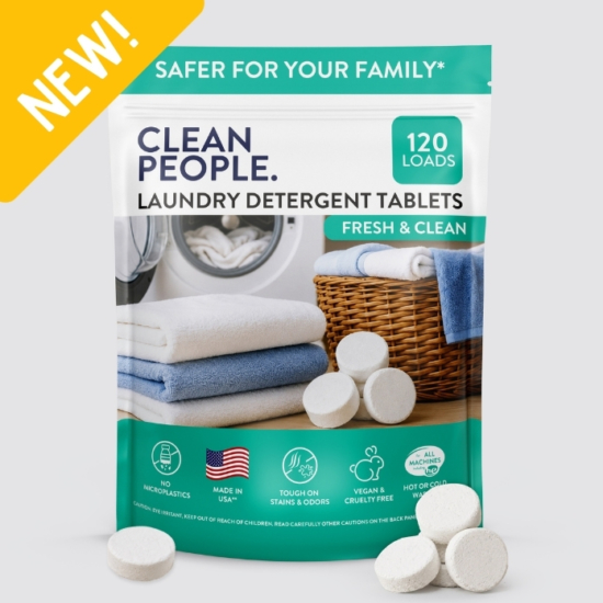 Clean People Laundry Detergent Tablets are boosted with powerful enzymes and cleaning agents to dissolve, lift and remove stubborn stains and banish odors. This simple, yet effective formula is free from harsh chemicals making it the safer choice for your family and the environment.
Works with all washing machines: Top Loaders, Front Loaders, and HE (High Efficiency).  Works with Septic Tanks too! 
	
		
			
 Free Shipping & Returns

		 
	  
	
		
			 100%&nbsp;Organic Essential Oils 

		 
	  
	
		
			 Direct to Consumer Pricing