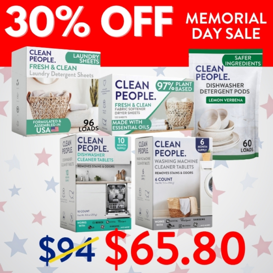 Stock up on our most popular laundry and kitchen products for 30% OFF!
1) 96 Pack Laundry Detergent Sheets OR Detergent Pods (You Choose!)
2) 120 Count Dryer Sheets
3) 6 Count Washing Machine Cleaner Tablets
4) 60 Count Dishwasher Pods
5) 10 Count Dishwasher Cleaner Tablets

Original Price: $94
SALE Price: $65.80
Savings: $28.20

***Because this Bundle is already discounted 30%, coupon codes do not apply to it!