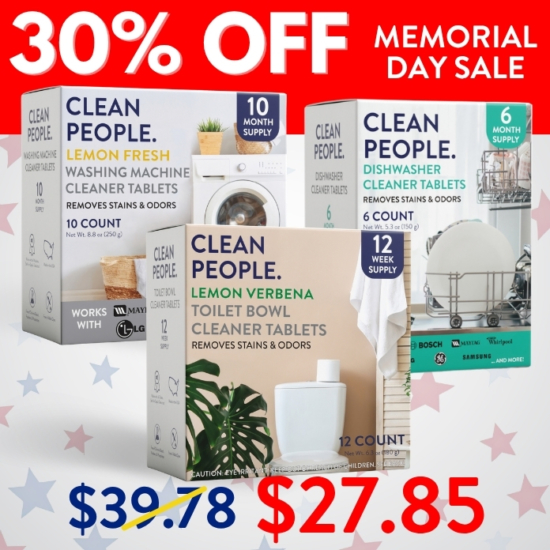 Want to try them all before stocking up? This bundle gives you a 10-count of Washing Machine Cleaner Tablets, a 12-pack of Toilet Cleaner Tablets, and a 6-pack of Dishwasher Cleaner Tablets — all in one convenient set!
Buying the Cleaning Tablet Sampler Pack for $27.85 saves you $11.93!


***Because this Bundle is already discounted 30%, coupon codes do not apply to it!