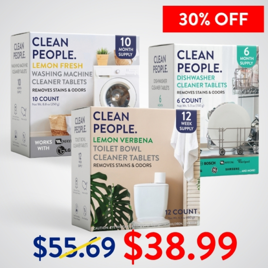 Want to try them all before stocking up? This bundle gives you a 10-count of Washing Machine Cleaner Tablets, a 12-pack of Toilet Cleaner Tablets, and a 6-pack of Dishwasher Cleaner Tablets — all in one convenient set!
Buying the Cleaning Tablet Sampler Pack for $27.85 saves you $11.93!


***Because this Bundle is already discounted 30%, coupon codes do not apply to it!