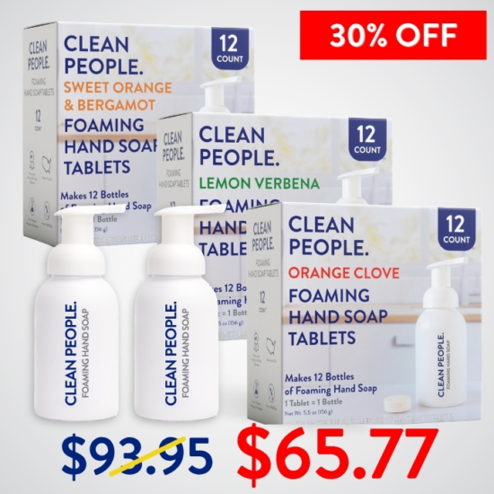 Want to try all our Foaming Hand Soap scents before picking a favorite? We got you! The sampler pack gives you 12 tablets EACH of Orange Clove, Lemon Verbena, and Sweet Orange & Bergamot – total of 36 tablets.
Buying the Foaming Hand Soap Sampler Pack for $46.98 saves you $20.13!


***Because this Bundle is already discounted 30%, coupon codes do not apply to it!